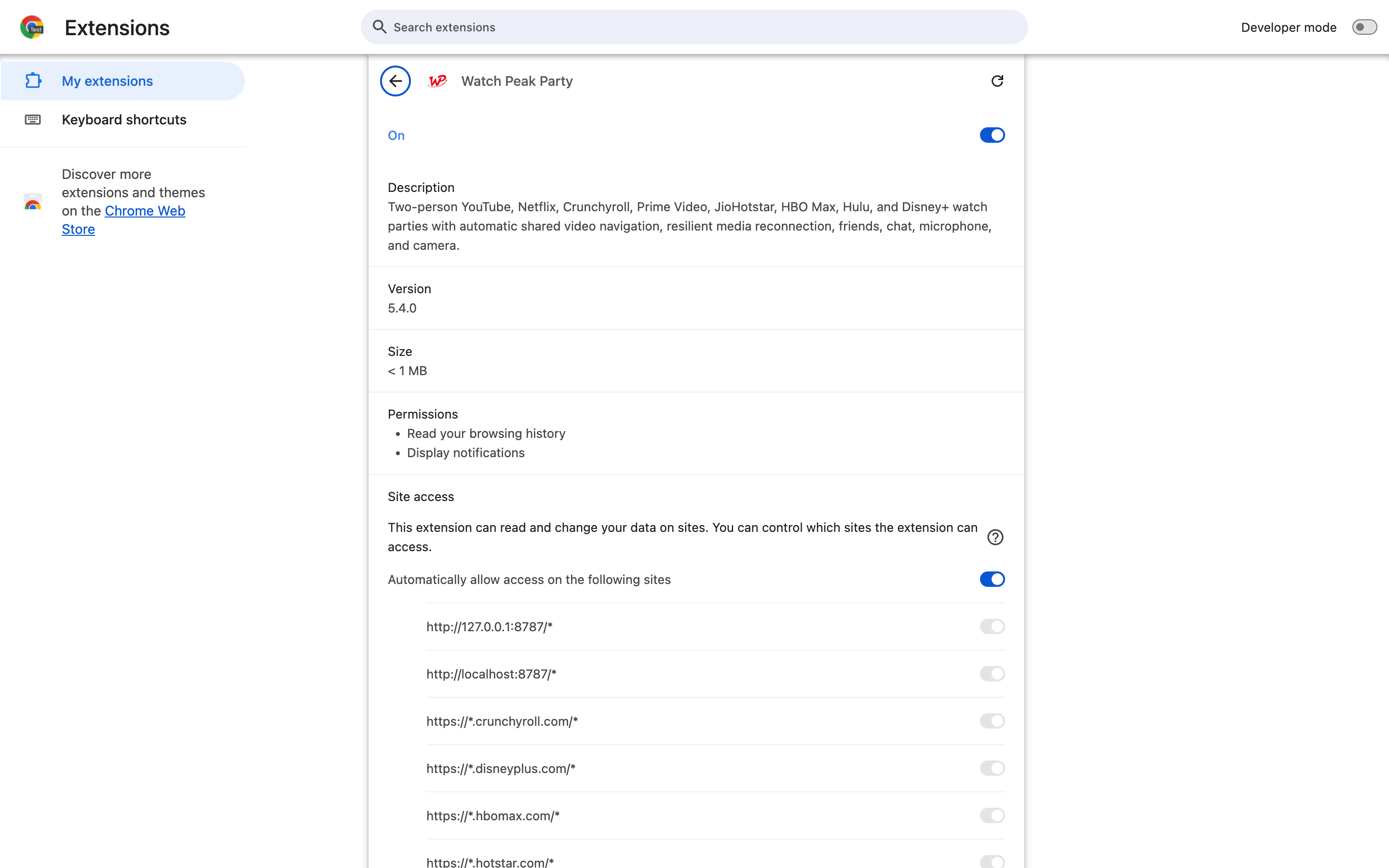 The Watch Peak Party entry on the chrome://extensions details page, listing its permissions and site access.
