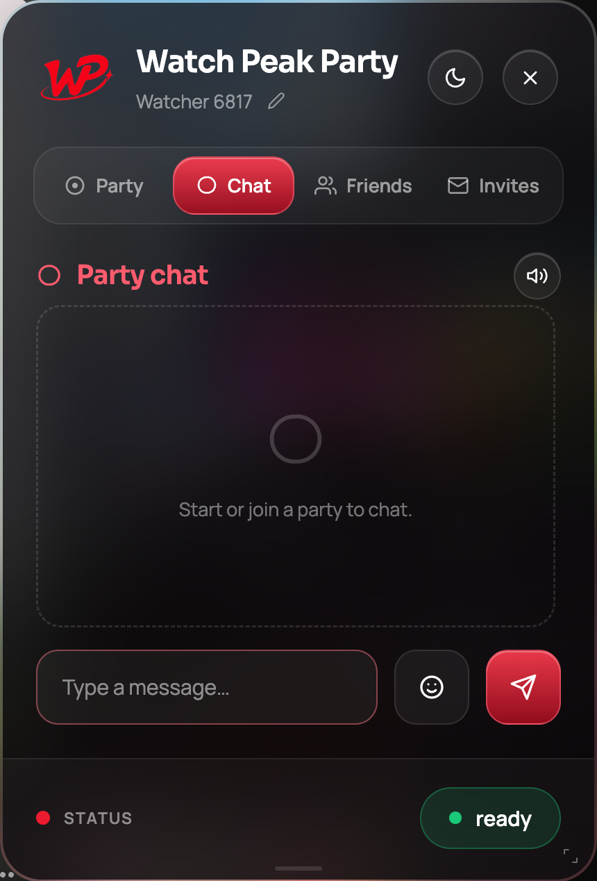 The Chat tab of the Watch Peak Party panel, with the message composer and the send button.