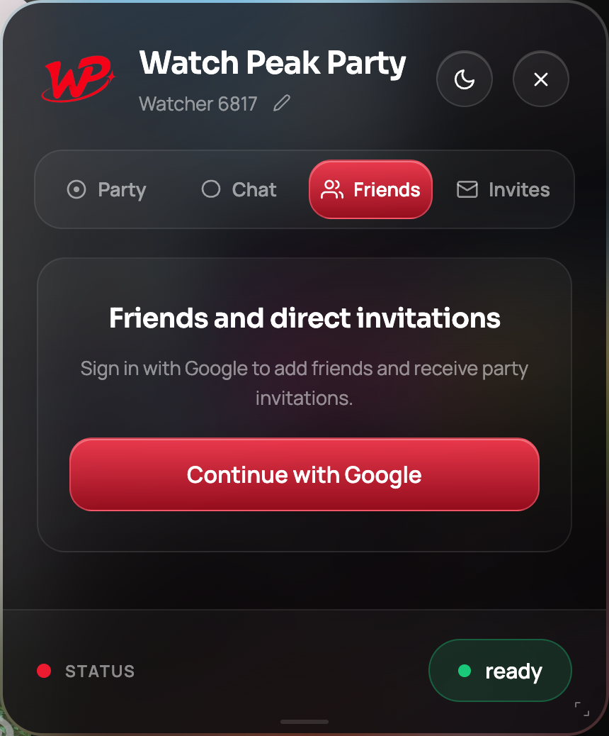 The Friends tab of the Watch Peak Party panel, offering Google sign-in.
