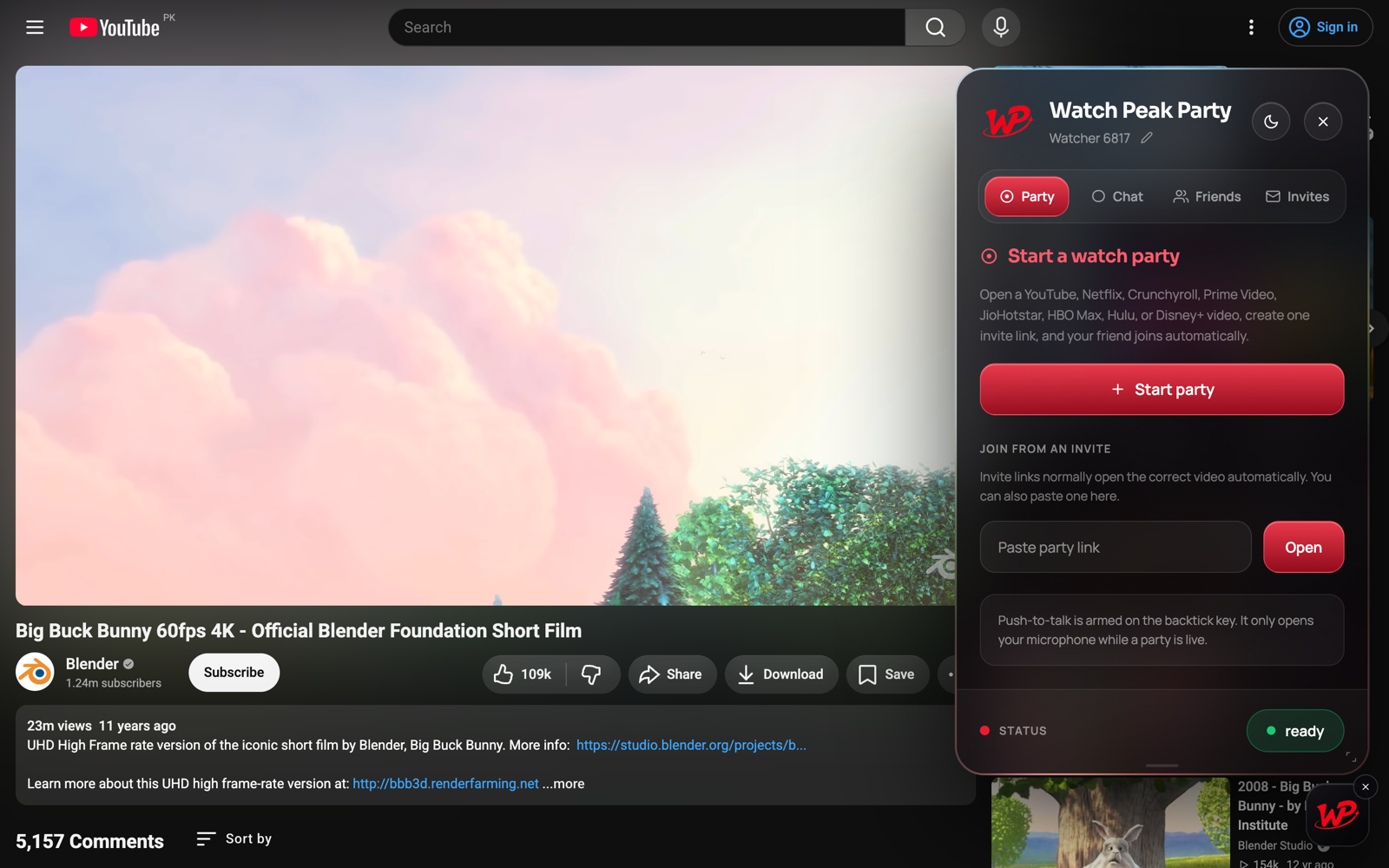 The Watch Peak Party panel floating over a YouTube video without resizing the player.