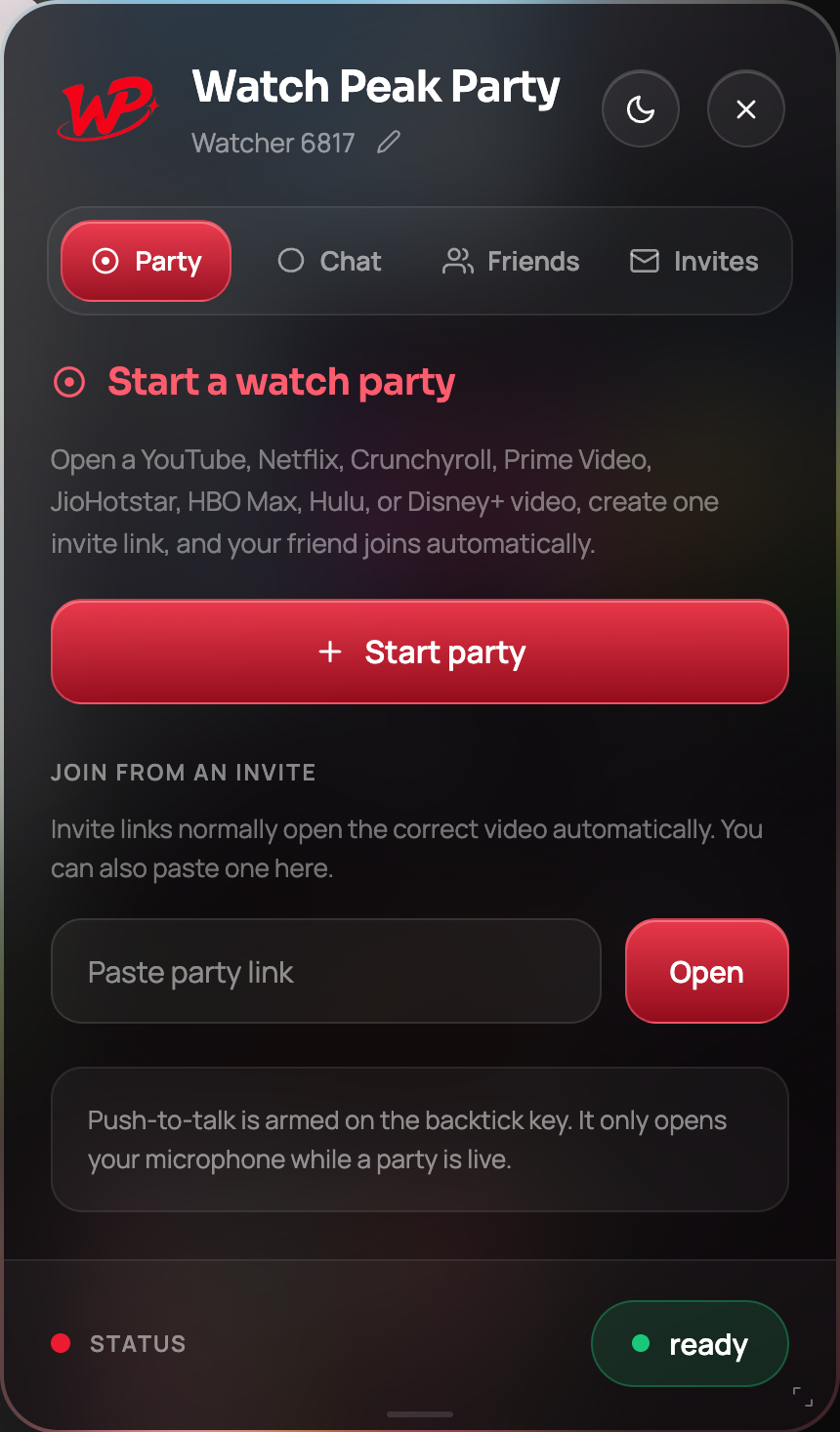 The Watch Peak Party panel open on the Party tab, showing the Start party button before a party has been created.