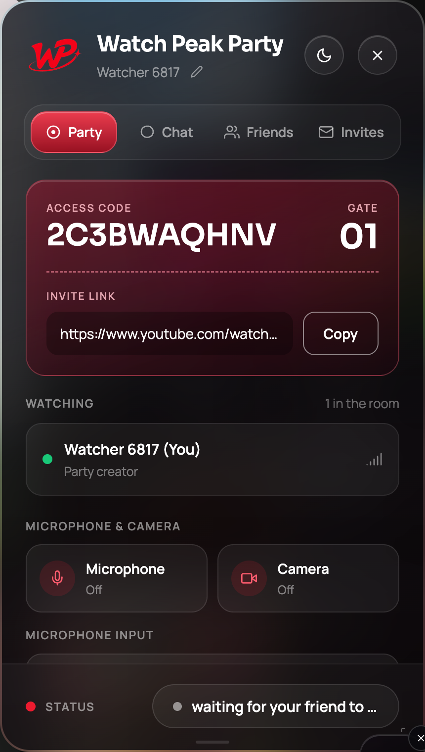 A live Watch Peak Party party showing the invite link with its Copy button, the participant list and the microphone and camera buttons.