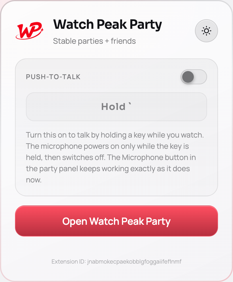 The Watch Peak Party toolbar popup in light mode.