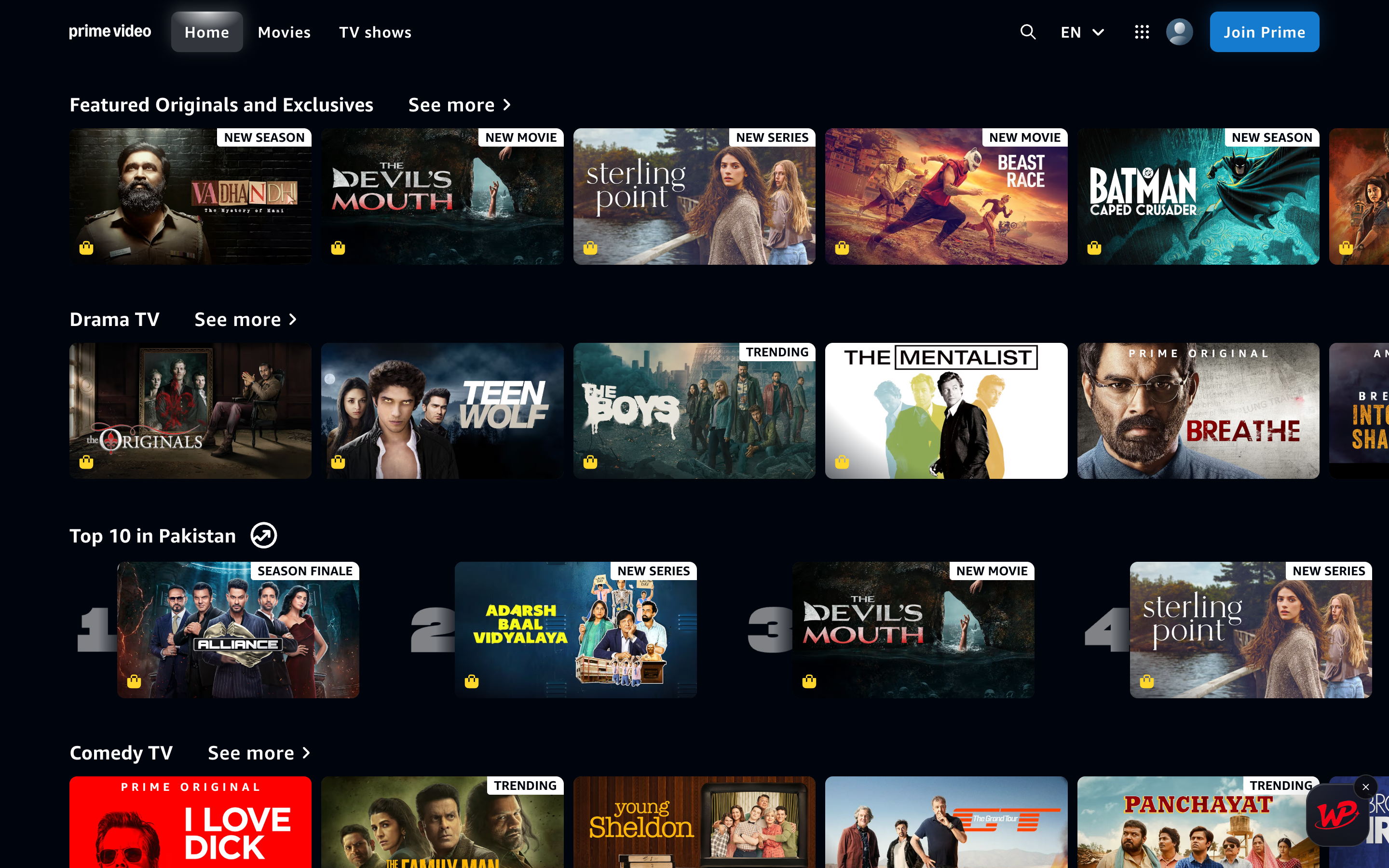 The Watch Peak Party badge floating over primevideo.com.